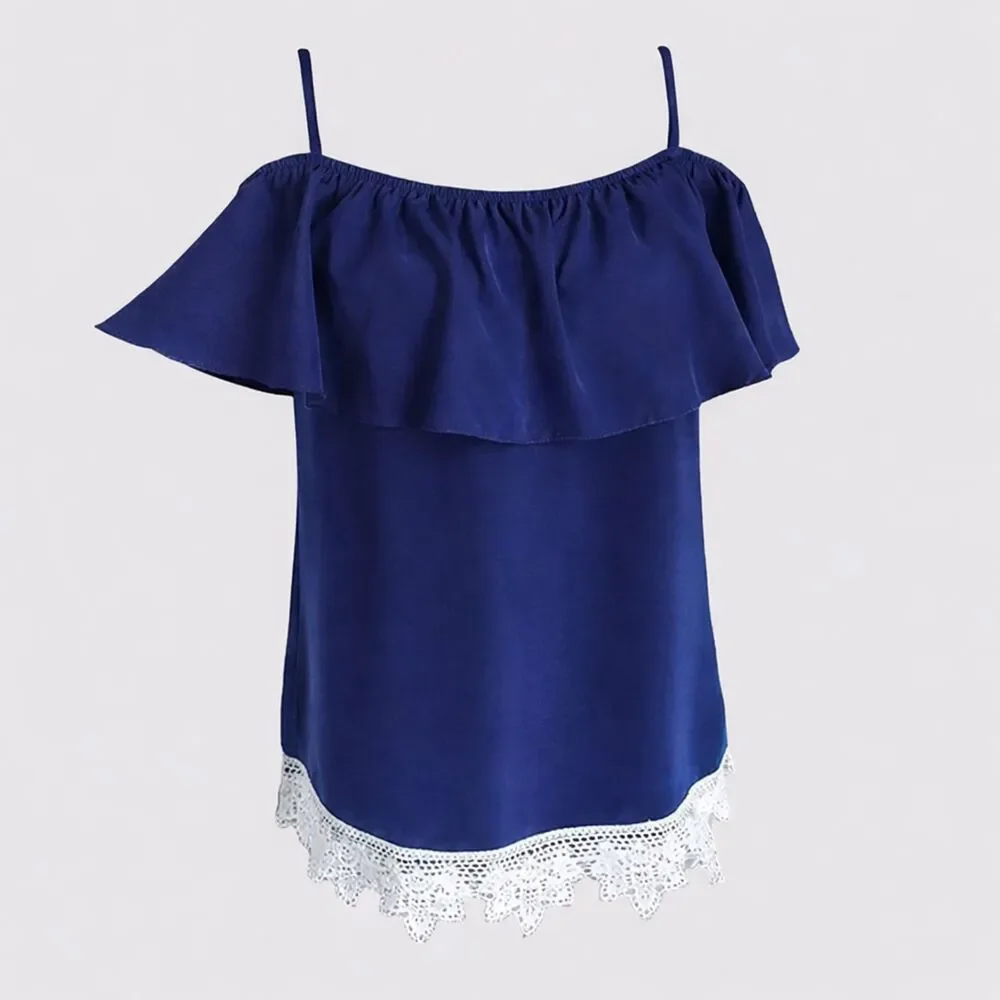 Sapphire Blue Lace Edge Ruffle Top